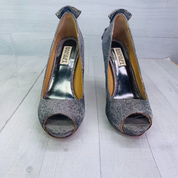 Badgley Mischka Sliver Peep Toe Bow Back Slip On Evening Party Dress Shoes Sz 8 - Picture 3 of 10